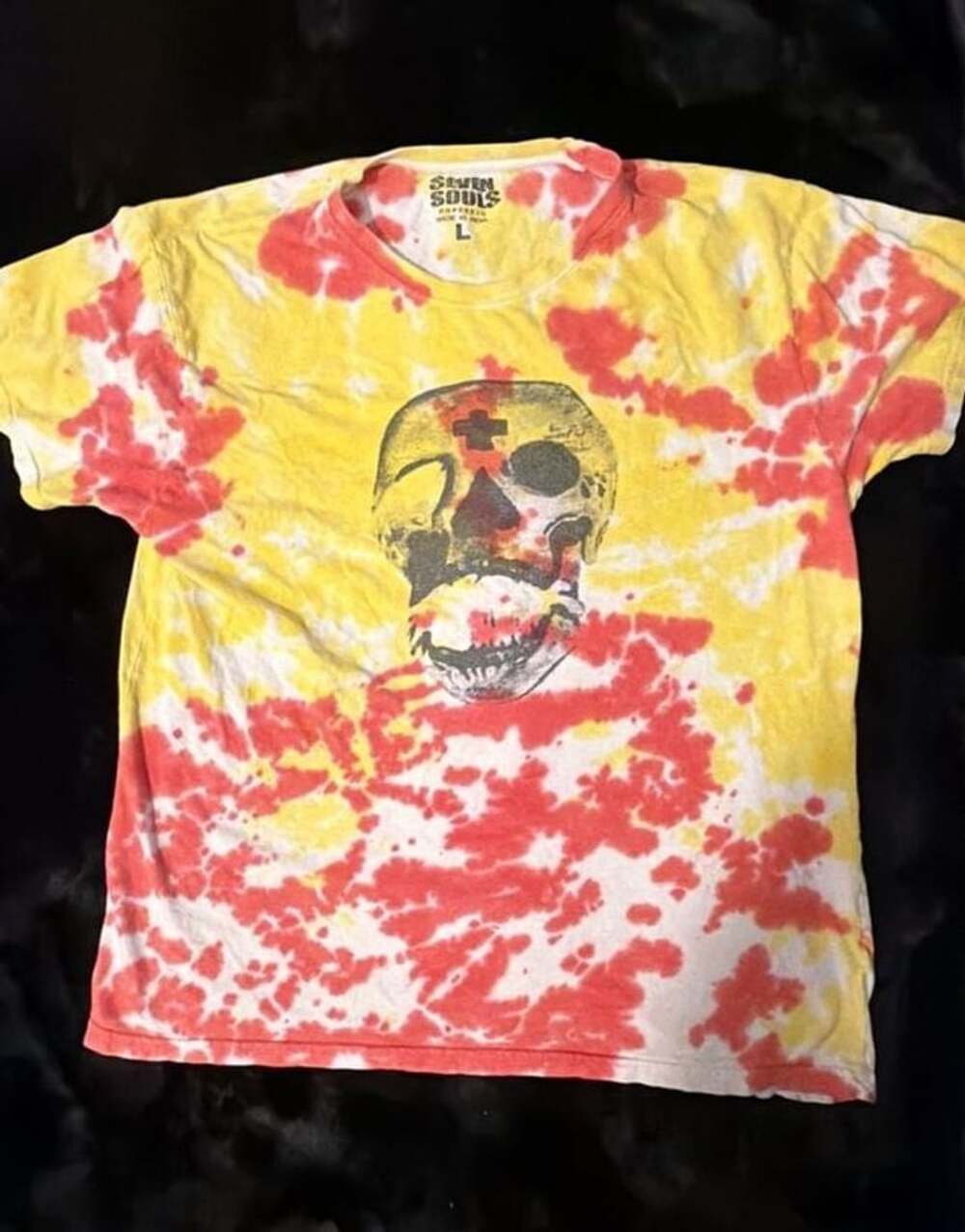 Seven Souls Tie Dye Skull T-Shirt Size L Yellow Red White